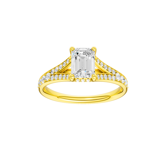 Emerald-cut diamond engagement ring with a channel-set diamond band and hidden-halo setting.