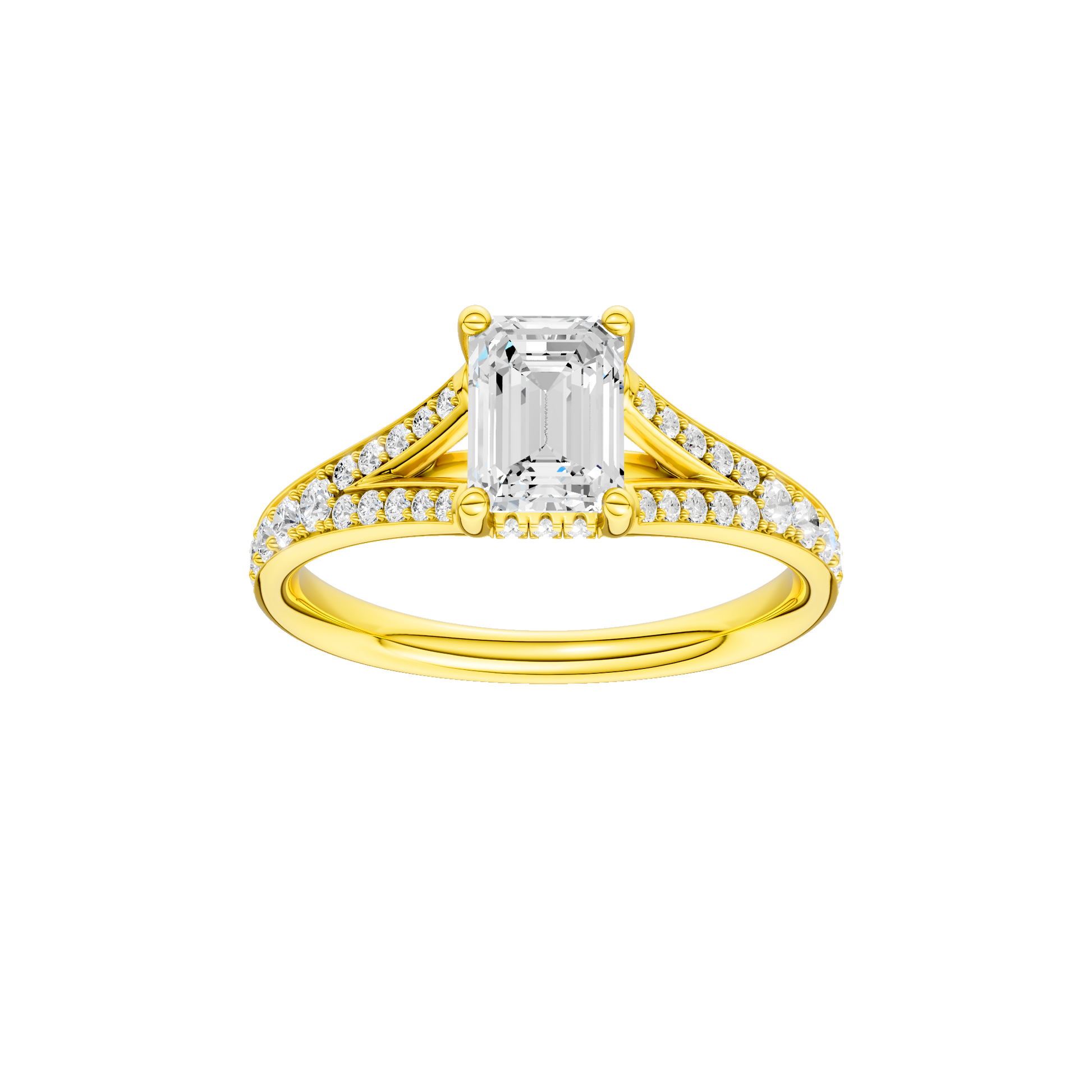 Emerald-cut diamond engagement ring with a channel-set diamond band and hidden-halo setting.