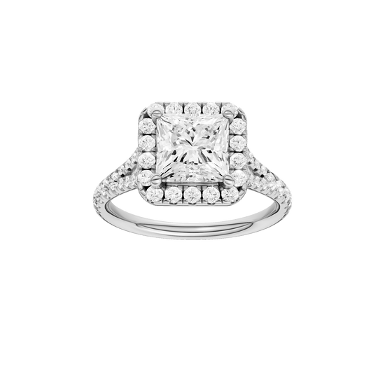 Princess-cut diamond engagement ring with a prong-set diamond band and halo setting.