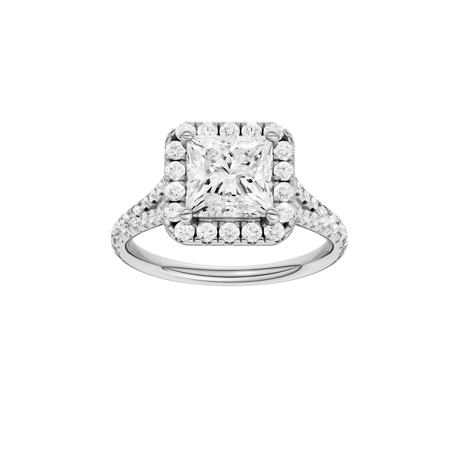 Princess-cut diamond engagement ring with a prong-set diamond band and halo setting.