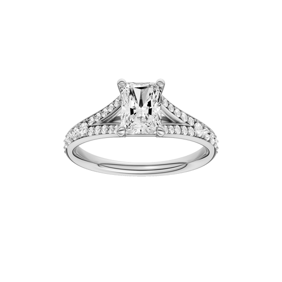 Radiant-cut diamond engagement ring with a channel-set diamond band and solitaire setting.