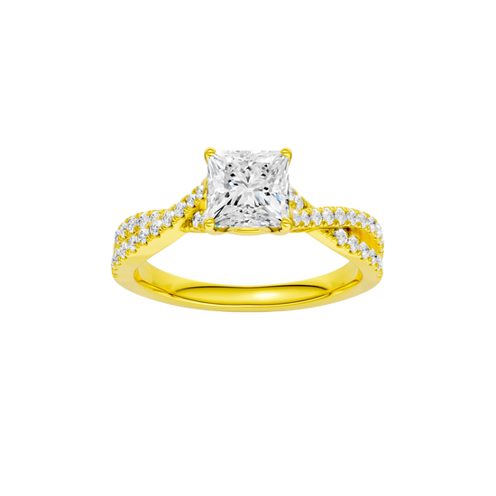 Princess-cut diamond engagement ring in 14k yellow gold with a prong-set diamond band and twist setting