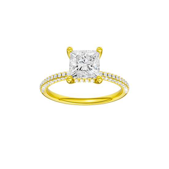 Princess-cut diamond engagement ring with a pavé-set diamond band and hidden-halo setting.