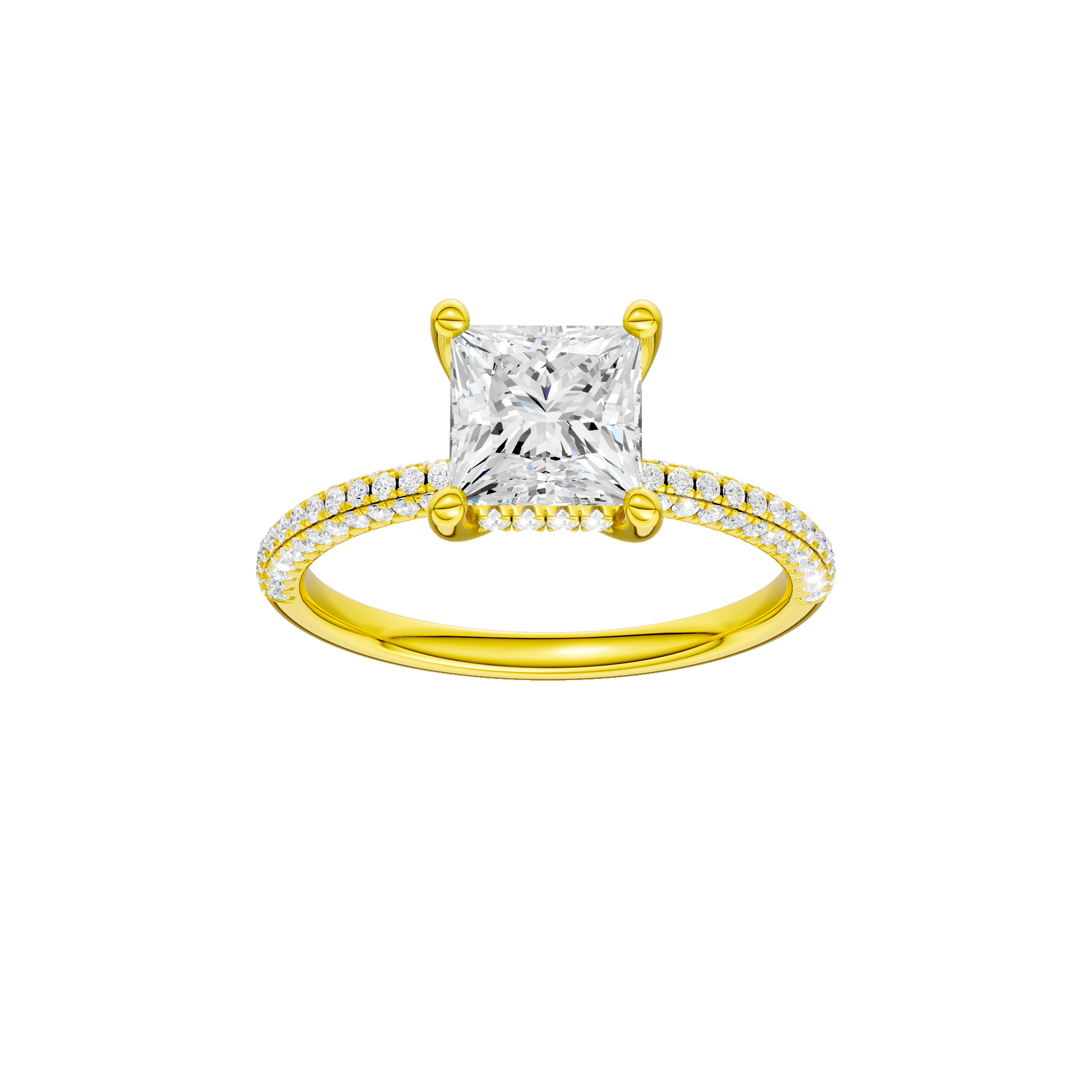 Princess-cut diamond engagement ring with a pavé-set diamond band and hidden-halo setting.