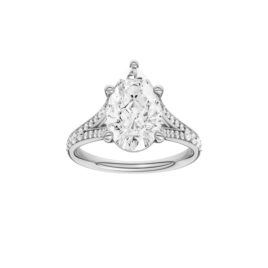 Pear-cut diamond engagement ring with a channel-set diamond band and solitaire setting.
