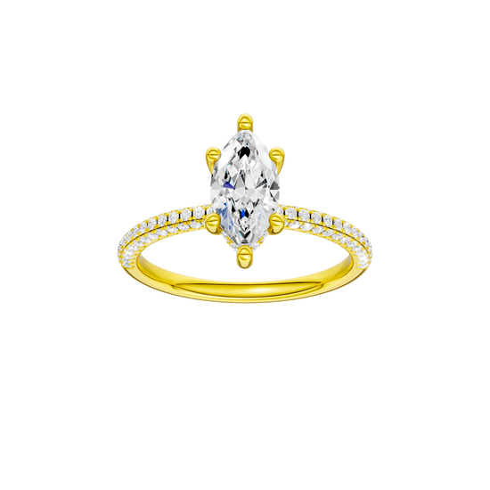 Marquise-cut diamond engagement ring with a pavé-set diamond band and hidden-halo setting.