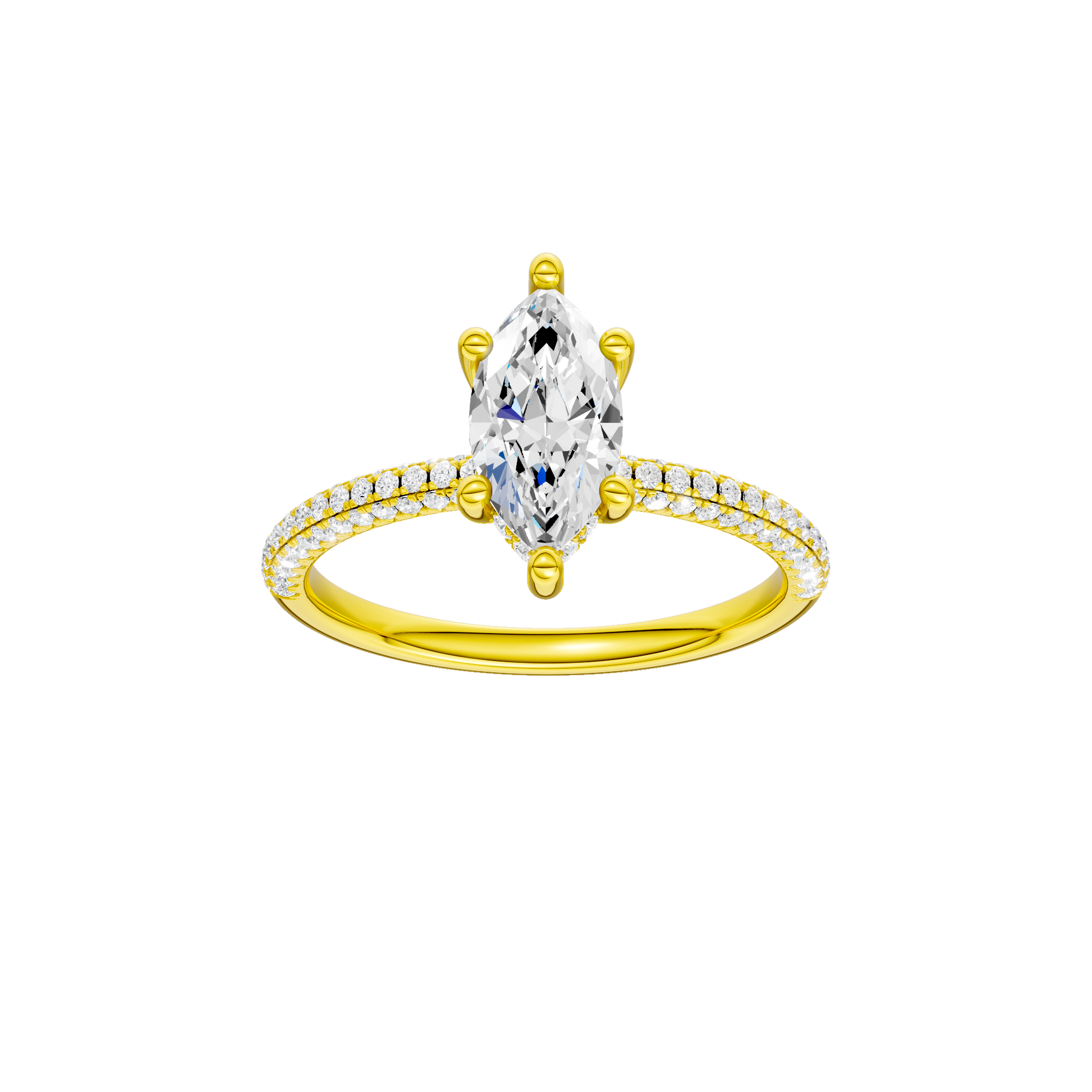 Marquise-cut diamond engagement ring with a pavé-set diamond band and hidden-halo setting.