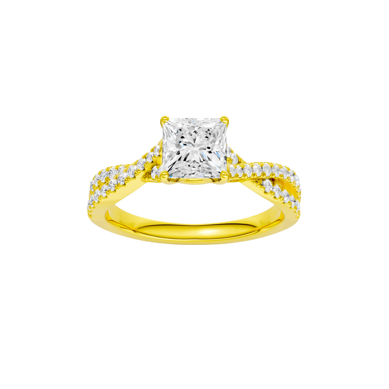 Princess-cut diamond engagement ring in 14k yellow gold with a prong-set diamond band and twist setting