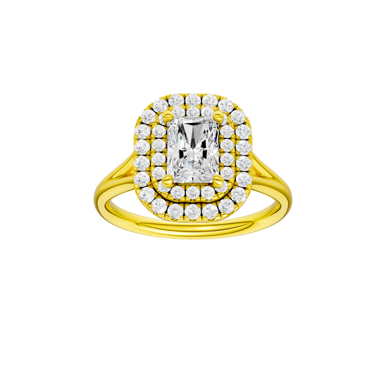 Radiant-cut diamond engagement ring with a plain band and double-halo setting.