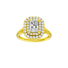 Radiant-cut diamond engagement ring with a plain band and double-halo setting.