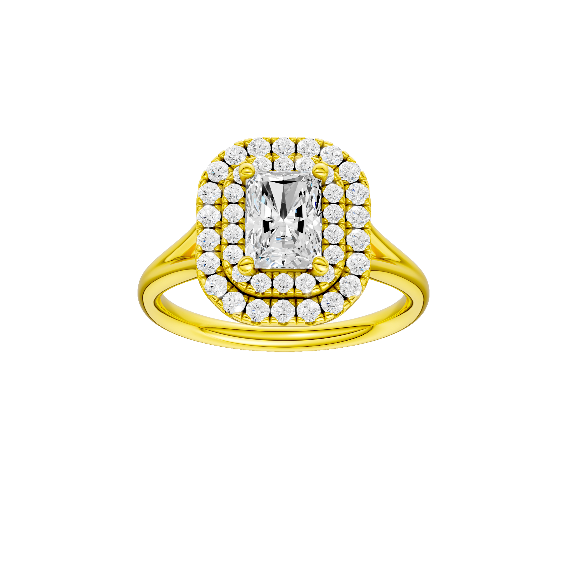 Radiant-cut diamond engagement ring with a plain band and double-halo setting.
