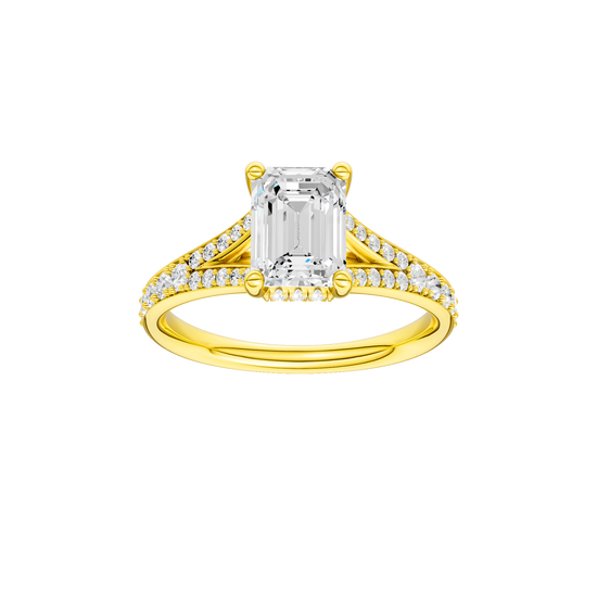 Emerald-cut diamond engagement ring with a channel-set diamond band and hidden-halo setting.