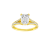 Emerald-cut diamond engagement ring with a channel-set diamond band and hidden-halo setting.