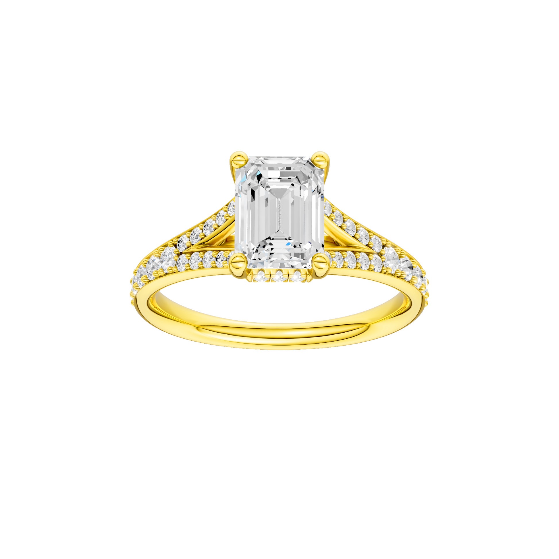 Emerald-cut diamond engagement ring with a channel-set diamond band and hidden-halo setting.