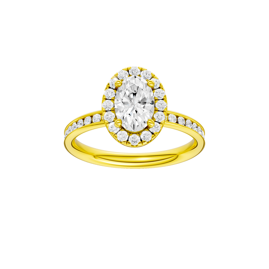 Oval-cut diamond engagement ring with a channel-set diamond band and halo setting.