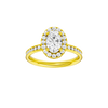 Oval-cut diamond engagement ring with a channel-set diamond band and halo setting.