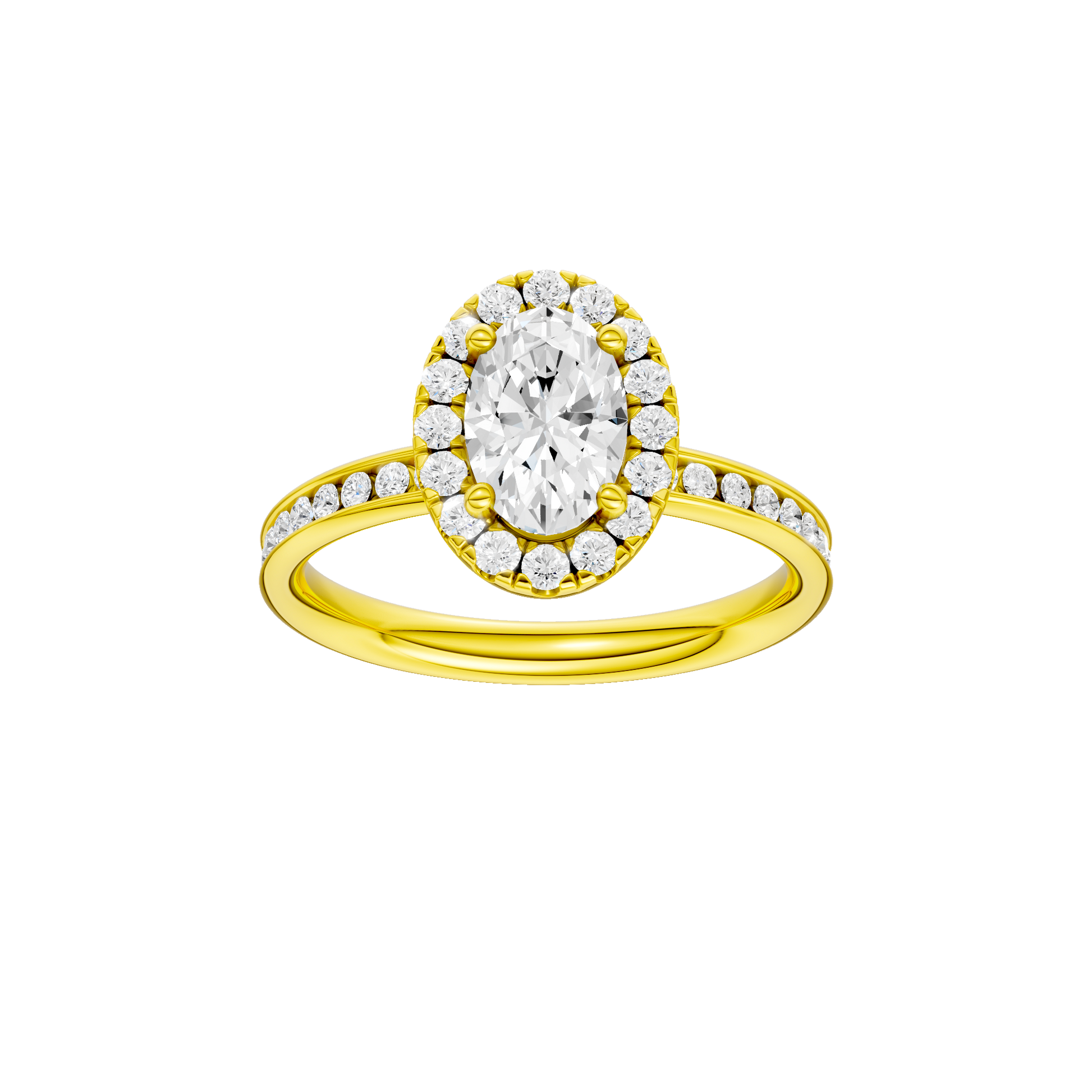 Oval-cut diamond engagement ring with a channel-set diamond band and halo setting.