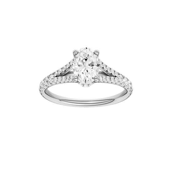 Oval-cut diamond engagement ring with a prong-set diamond band and hidden-halo setting.
