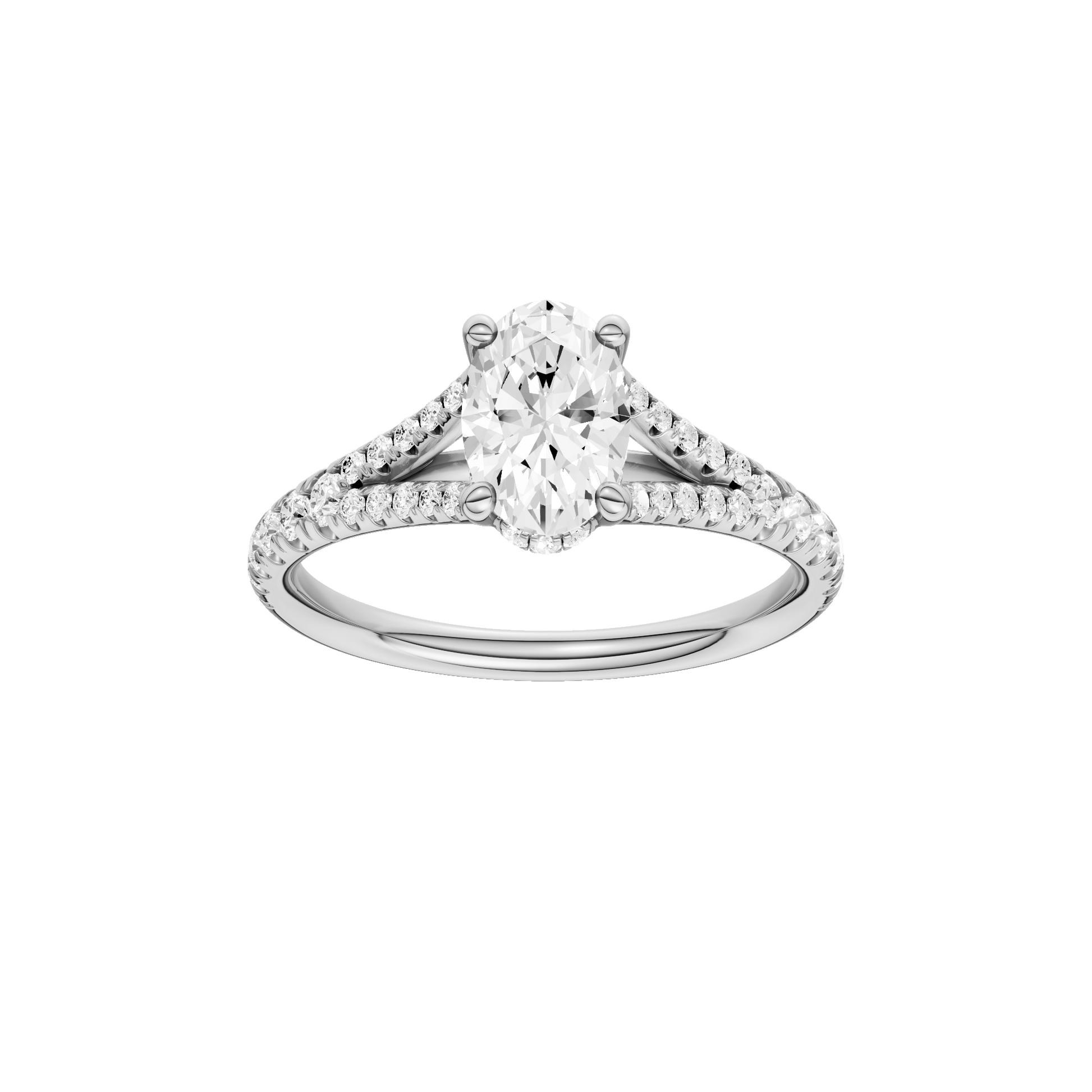 Oval-cut diamond engagement ring with a prong-set diamond band and hidden-halo setting.