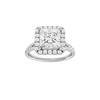 Princess-cut diamond engagement ring with a prong-set diamond band and halo setting.