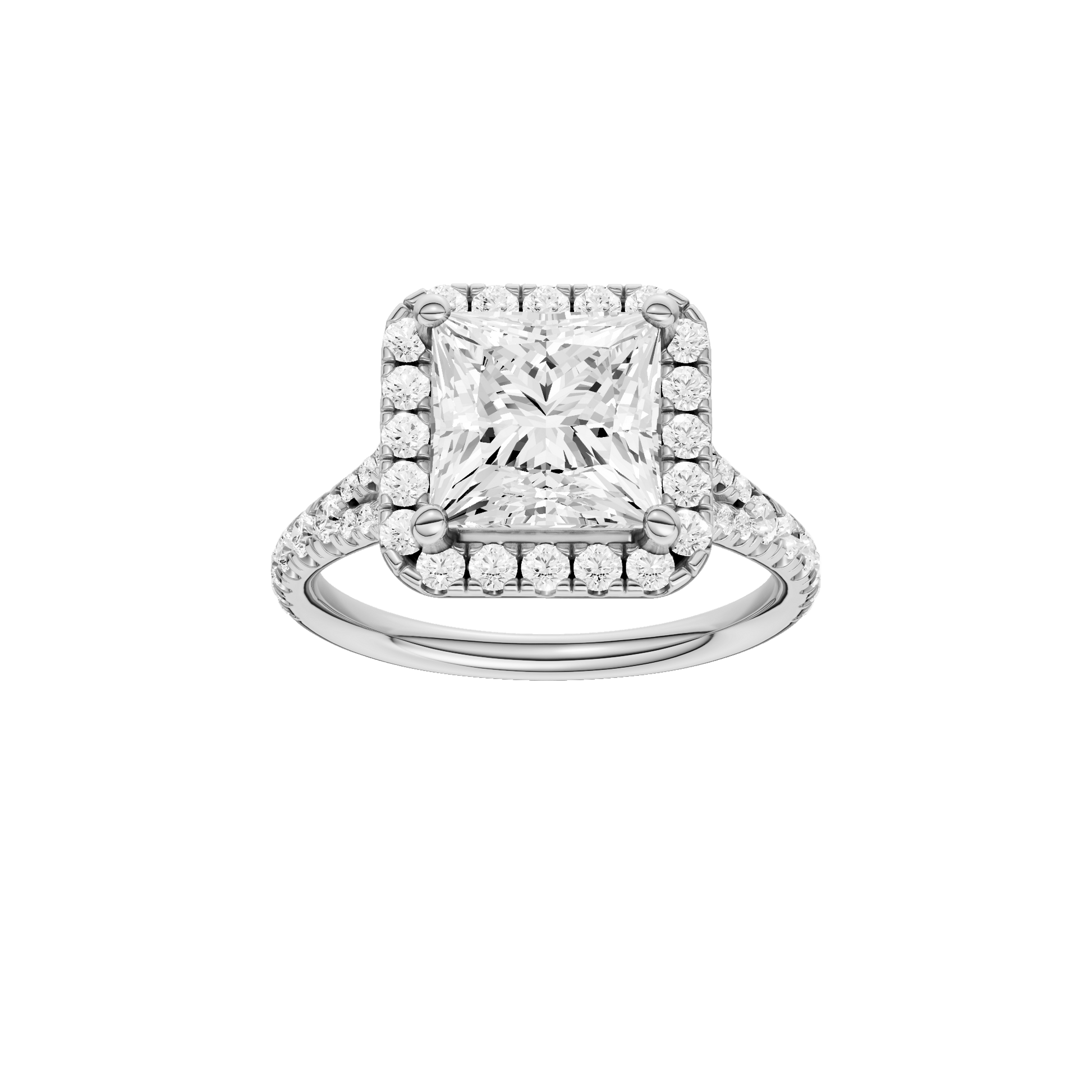 Princess-cut diamond engagement ring with a prong-set diamond band and halo setting.