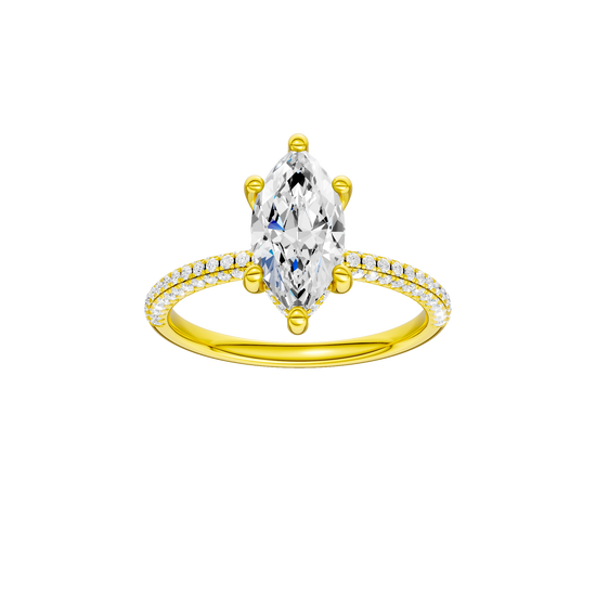 Marquise-cut diamond engagement ring with a pavé-set diamond band and hidden-halo setting.