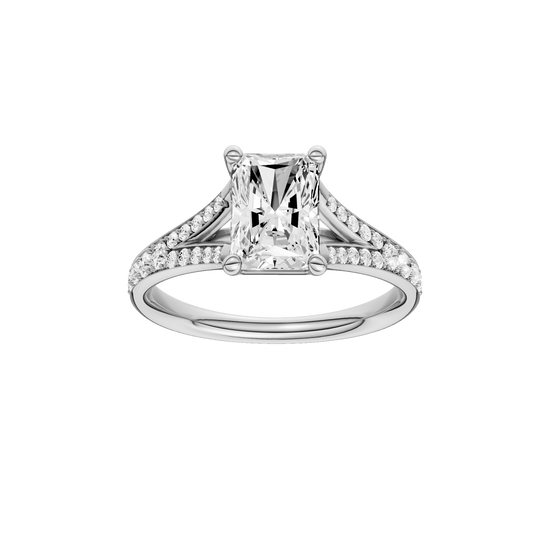 Radiant-cut diamond engagement ring with a channel-set diamond band and solitaire setting.