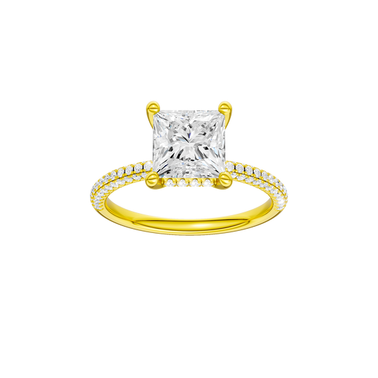 Princess-cut diamond engagement ring with a pavé-set diamond band and hidden-halo setting.