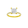 Princess-cut diamond engagement ring with a pavé-set diamond band and hidden-halo setting.