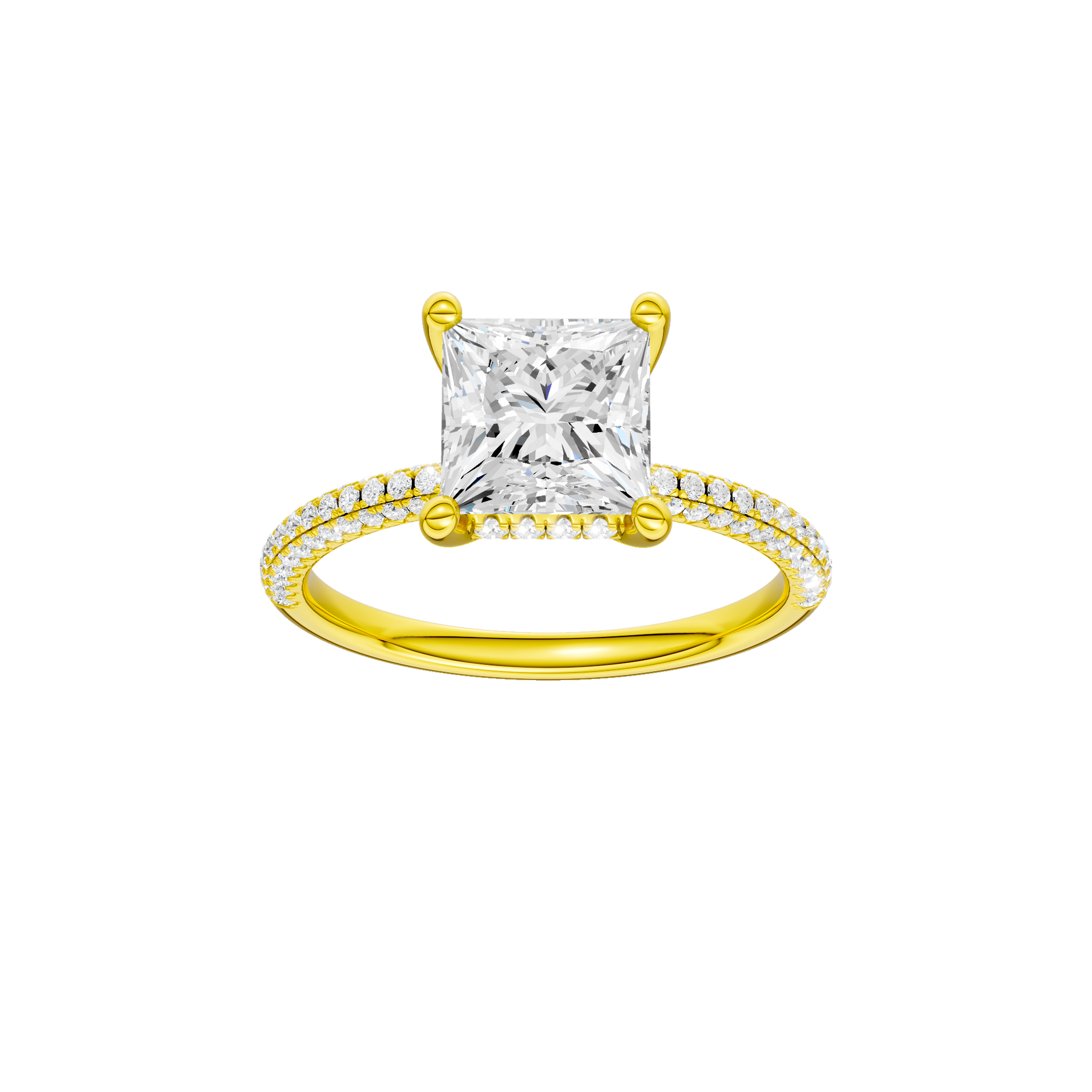 Princess-cut diamond engagement ring with a pavé-set diamond band and hidden-halo setting.