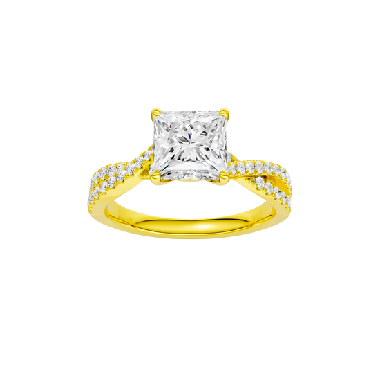 Princess-cut diamond engagement ring in 14k yellow gold with a prong-set diamond band and twist setting