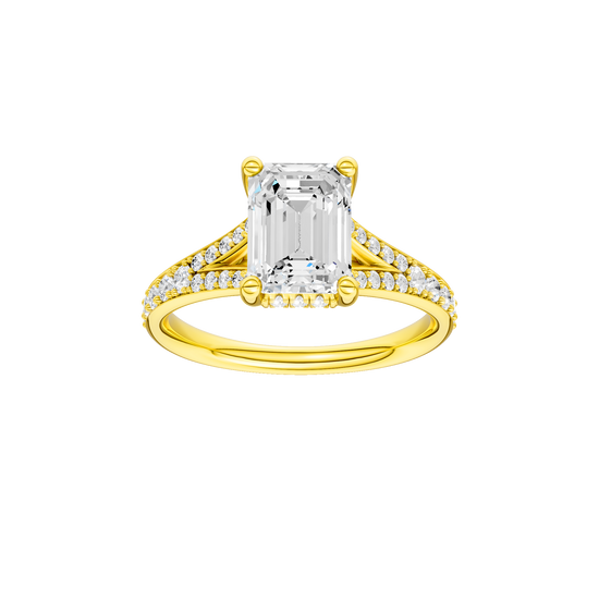 Emerald-cut diamond engagement ring with a channel-set diamond band and hidden-halo setting.