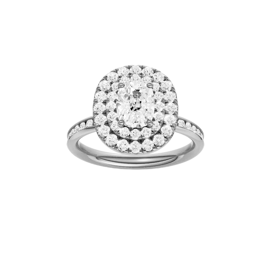 Elongated cushion-cut diamond engagement ring with a channel-set diamond band and double-halo setting.