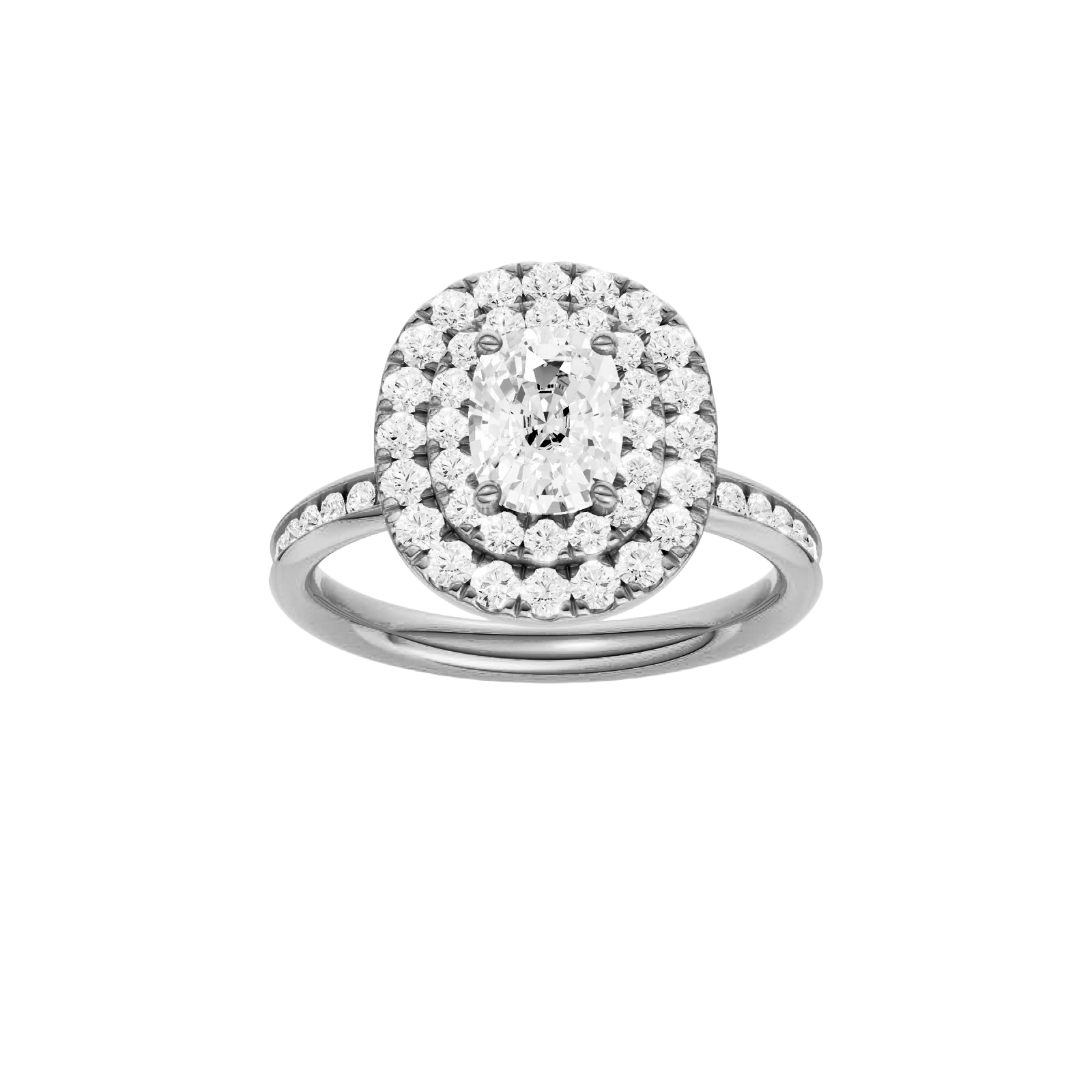 Elongated cushion-cut diamond engagement ring with a channel-set diamond band and double-halo setting.