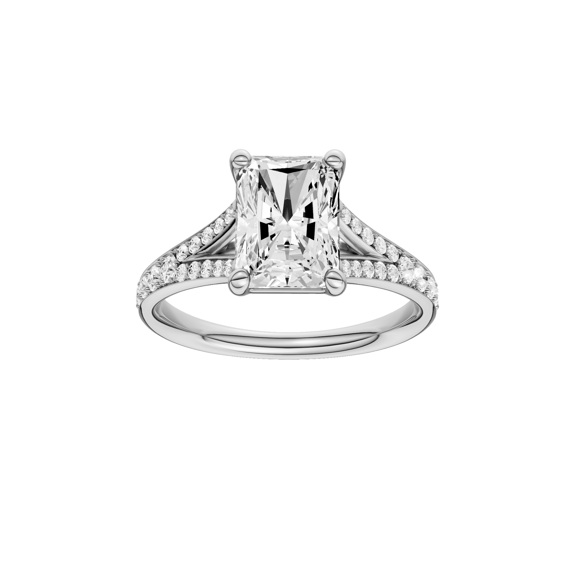 Radiant-cut diamond engagement ring with a channel-set diamond band and solitaire setting.