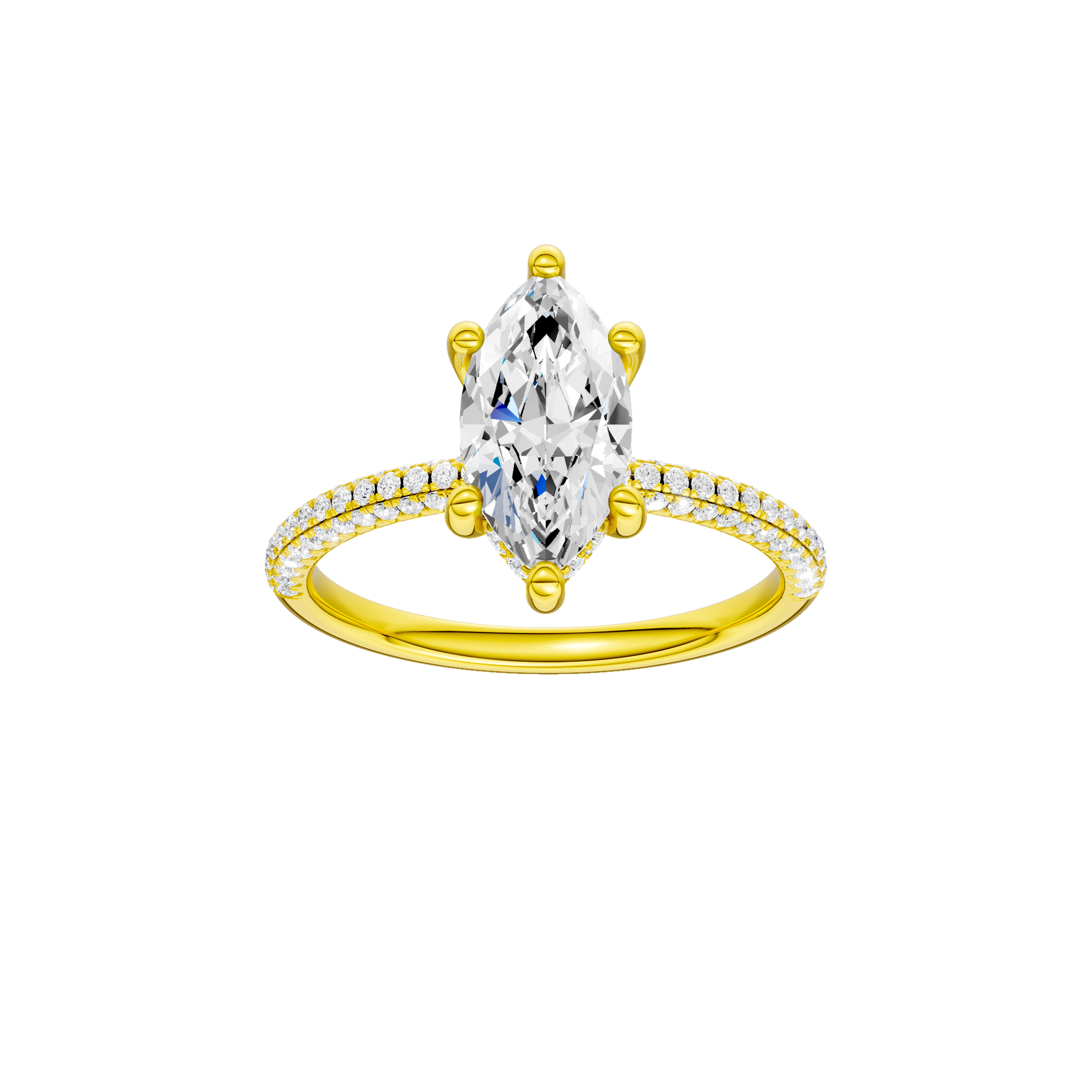 Marquise-cut diamond engagement ring with a pavé-set diamond band and hidden-halo setting.