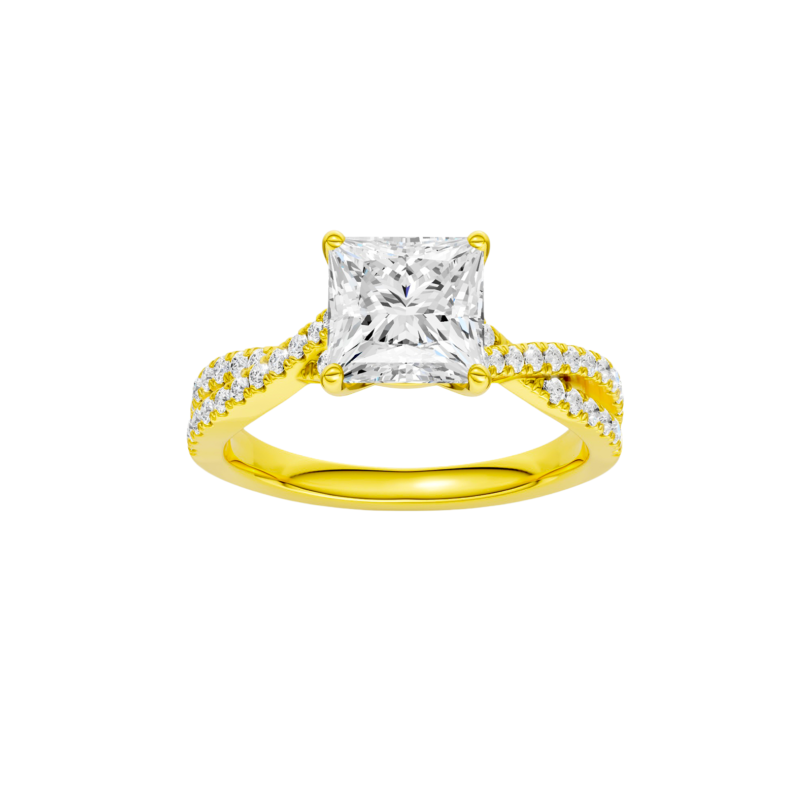 Princess-cut diamond engagement ring in 14k yellow gold with a prong-set diamond band and twist setting