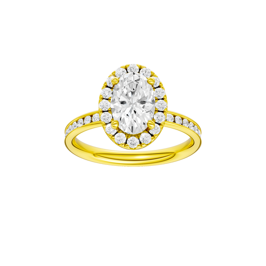 Oval-cut diamond engagement ring with a channel-set diamond band and halo setting.