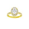 Oval-cut diamond engagement ring with a channel-set diamond band and halo setting.