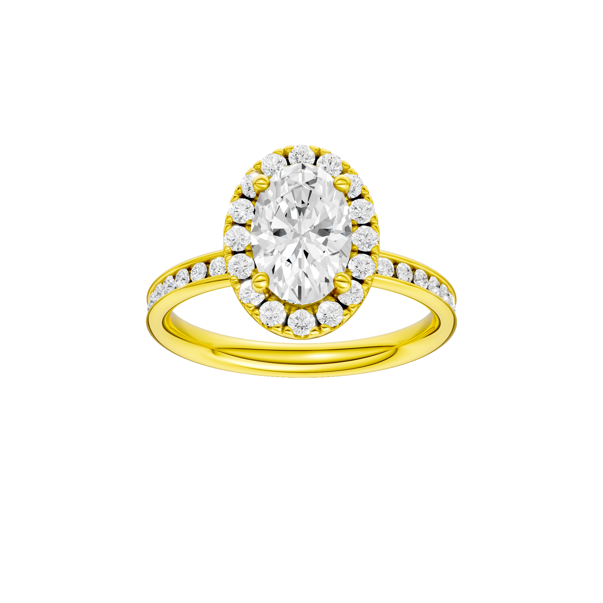 Oval-cut diamond engagement ring with a channel-set diamond band and halo setting.