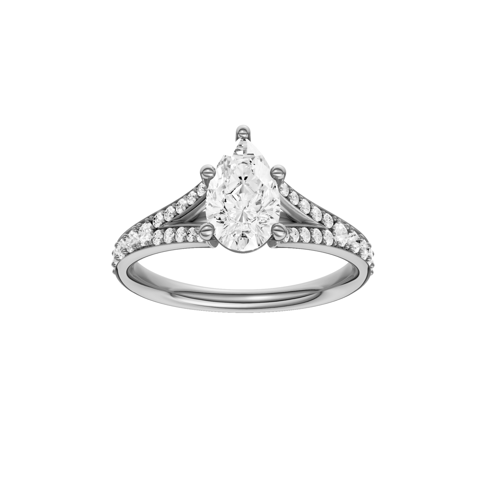 Pear-cut diamond engagement ring with a channel-set diamond band and solitaire setting.