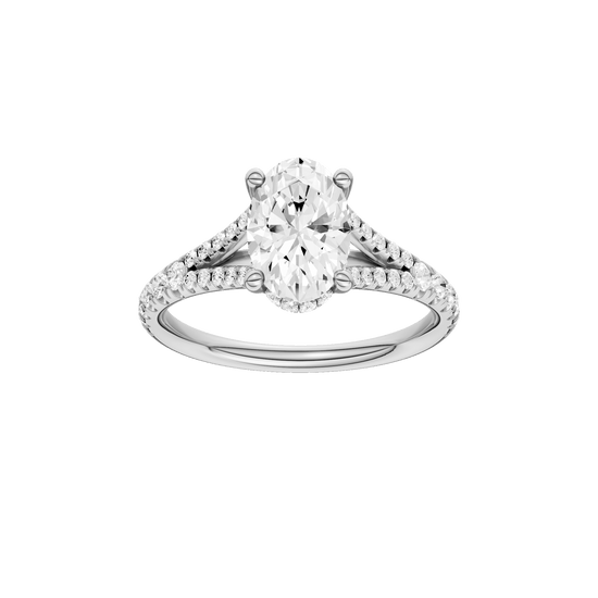 Oval-cut diamond engagement ring with a prong-set diamond band and hidden-halo setting.