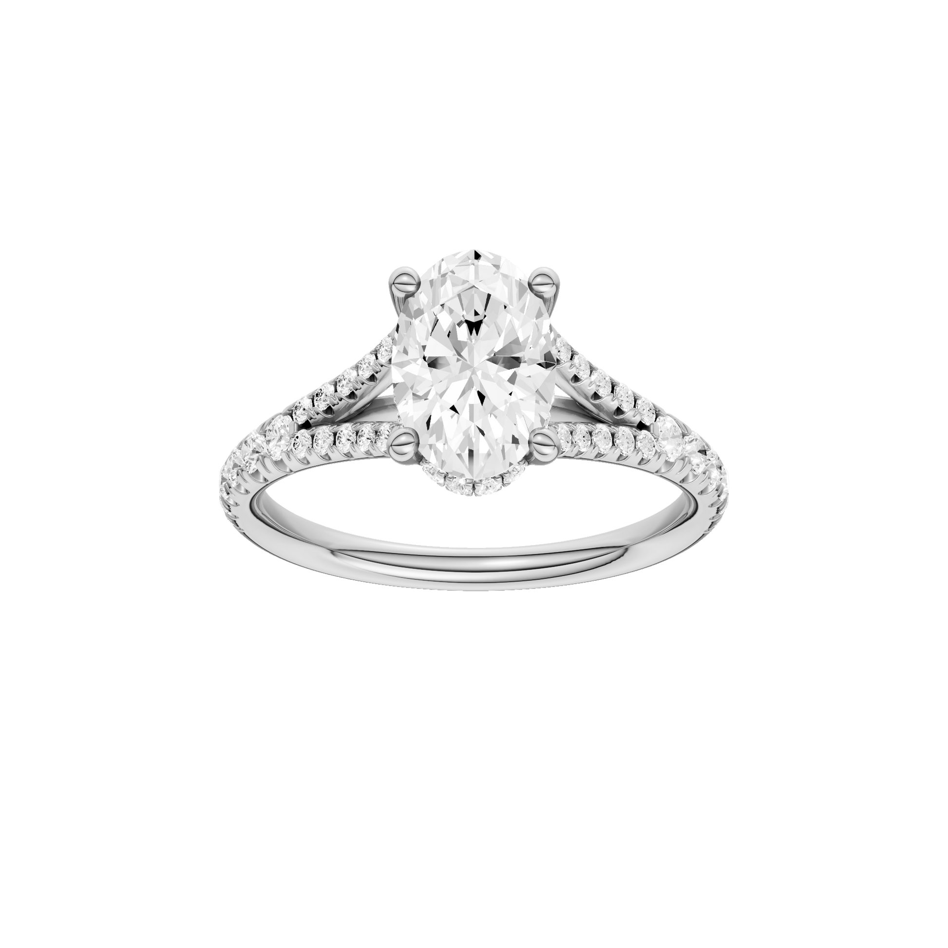 Oval-cut diamond engagement ring with a prong-set diamond band and hidden-halo setting.
