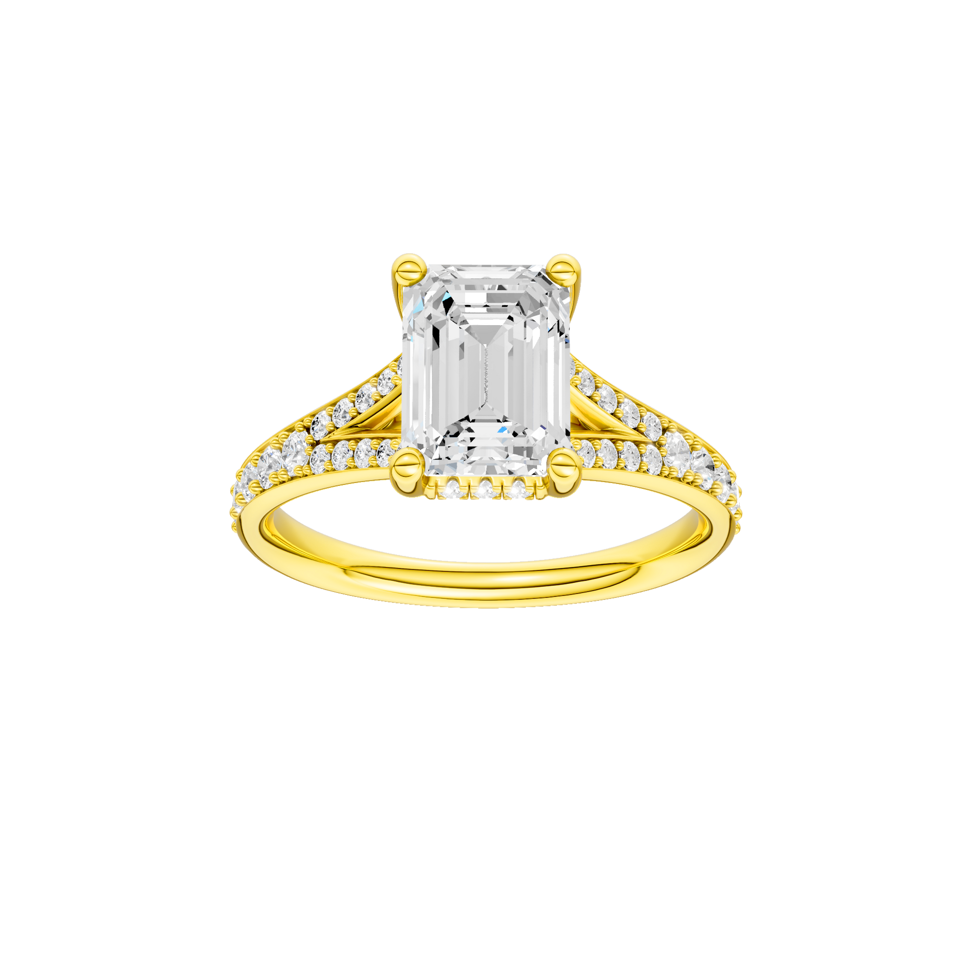 Emerald-cut diamond engagement ring with a channel-set diamond band and hidden-halo setting.