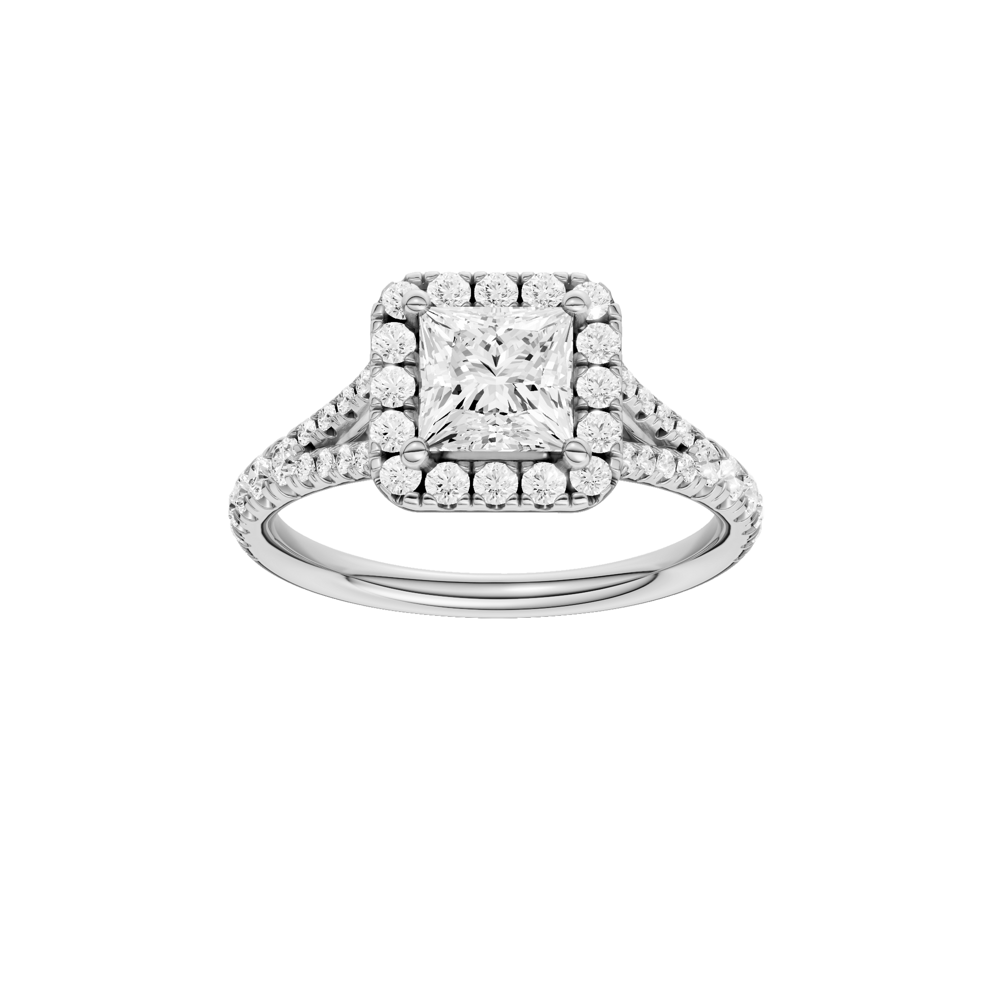 Princess-cut diamond engagement ring with a prong-set diamond band and halo setting.