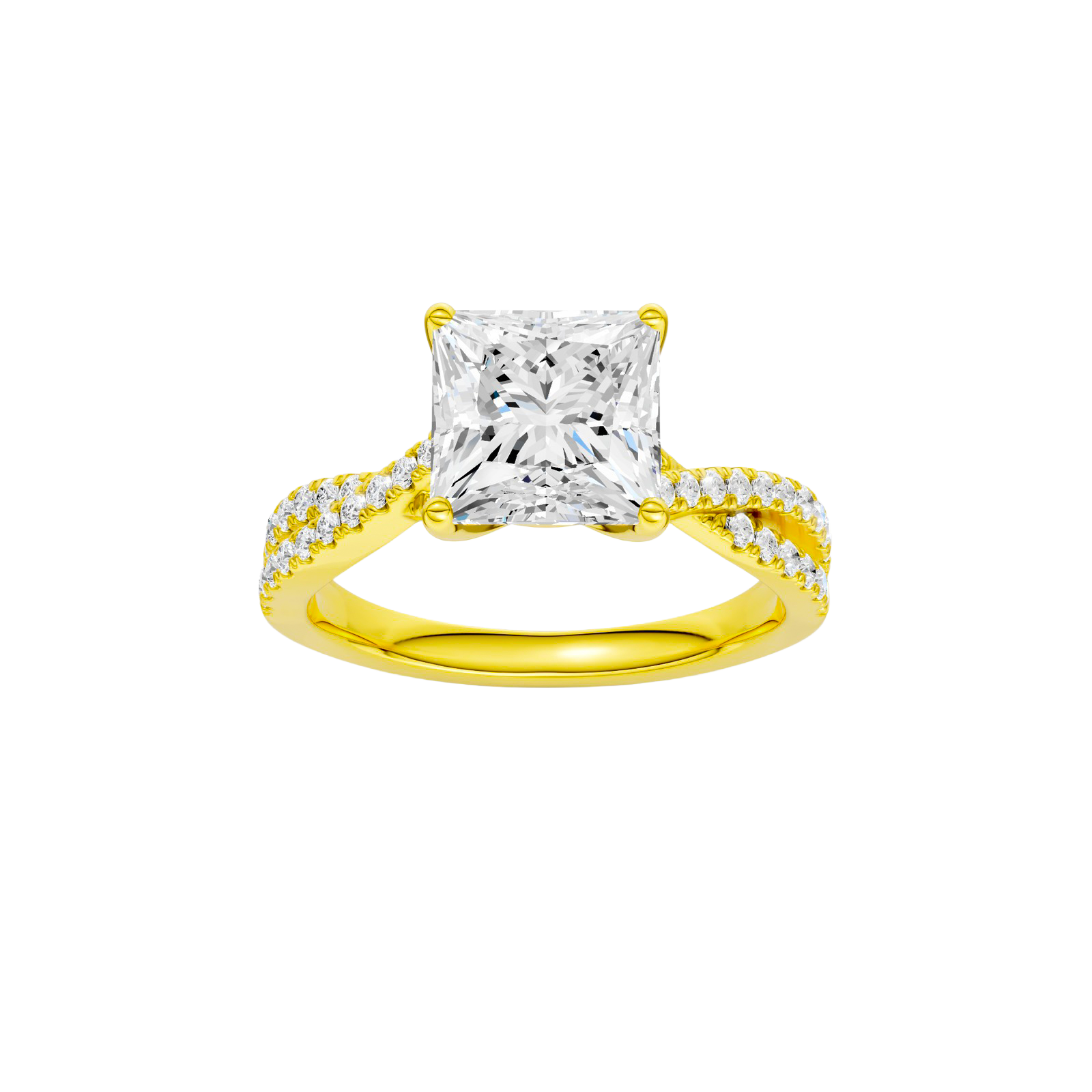 Princess-cut diamond engagement ring in 14k yellow gold with a prong-set diamond band and twist setting