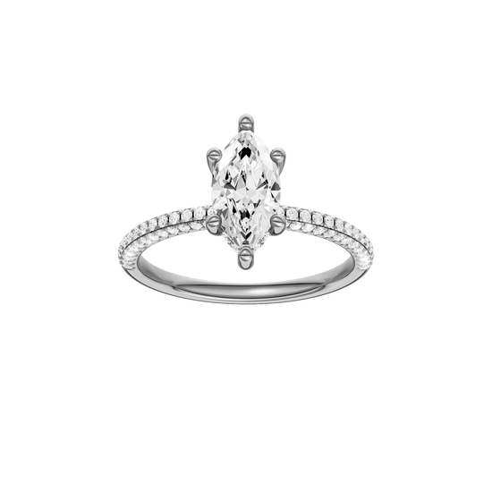 Marquise-cut diamond engagement ring with a pavé-set diamond band and hidden-halo setting.