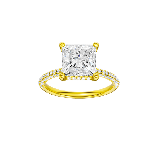 Princess-cut diamond engagement ring with a pavé-set diamond band and hidden-halo setting.