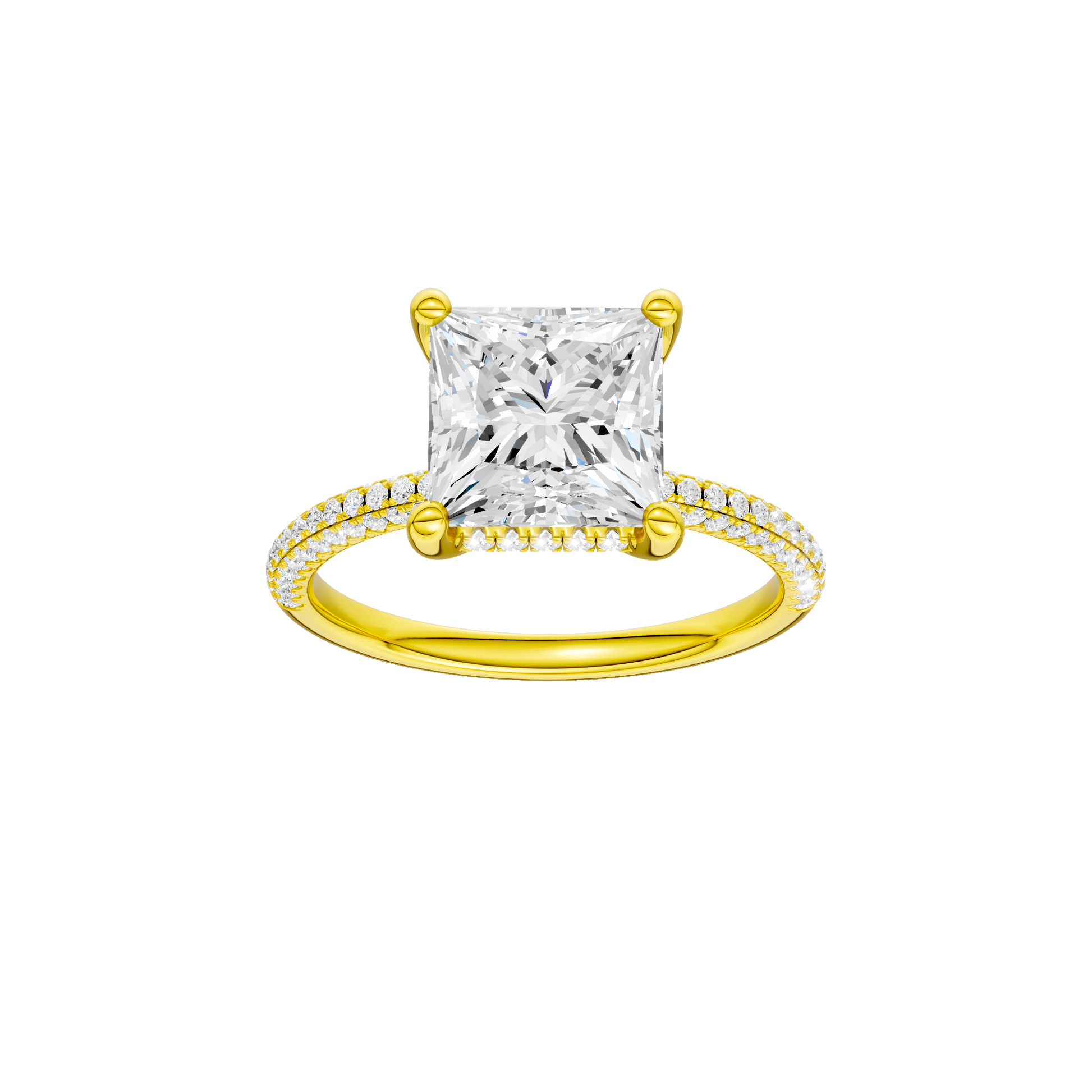 Princess-cut diamond engagement ring with a pavé-set diamond band and hidden-halo setting.