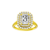 Radiant-cut diamond engagement ring with a plain band and double-halo setting.